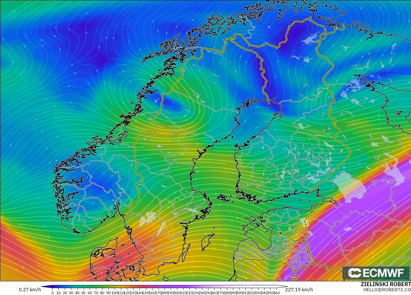 ECMWF IFS 0.25° model - Skandinavia, Angin 300 hPa (aliran jet)