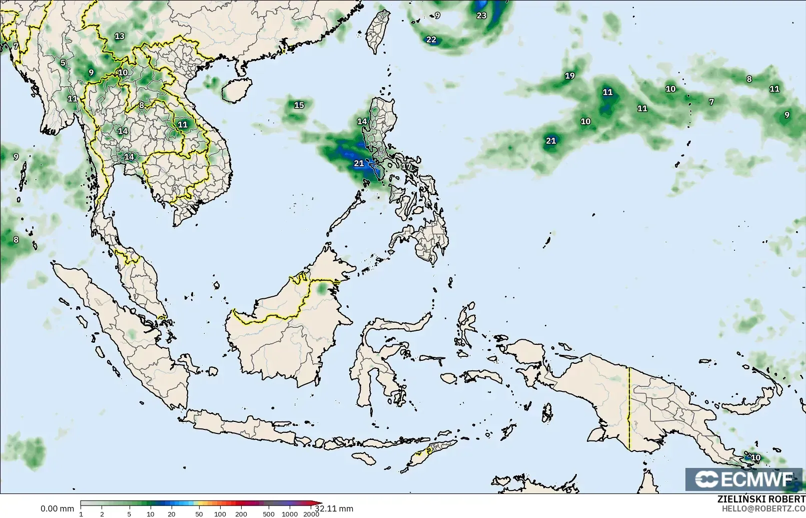 ECMWF IFS 0.25° model - Asia Tenggara, Akumulasi Curah Hujan