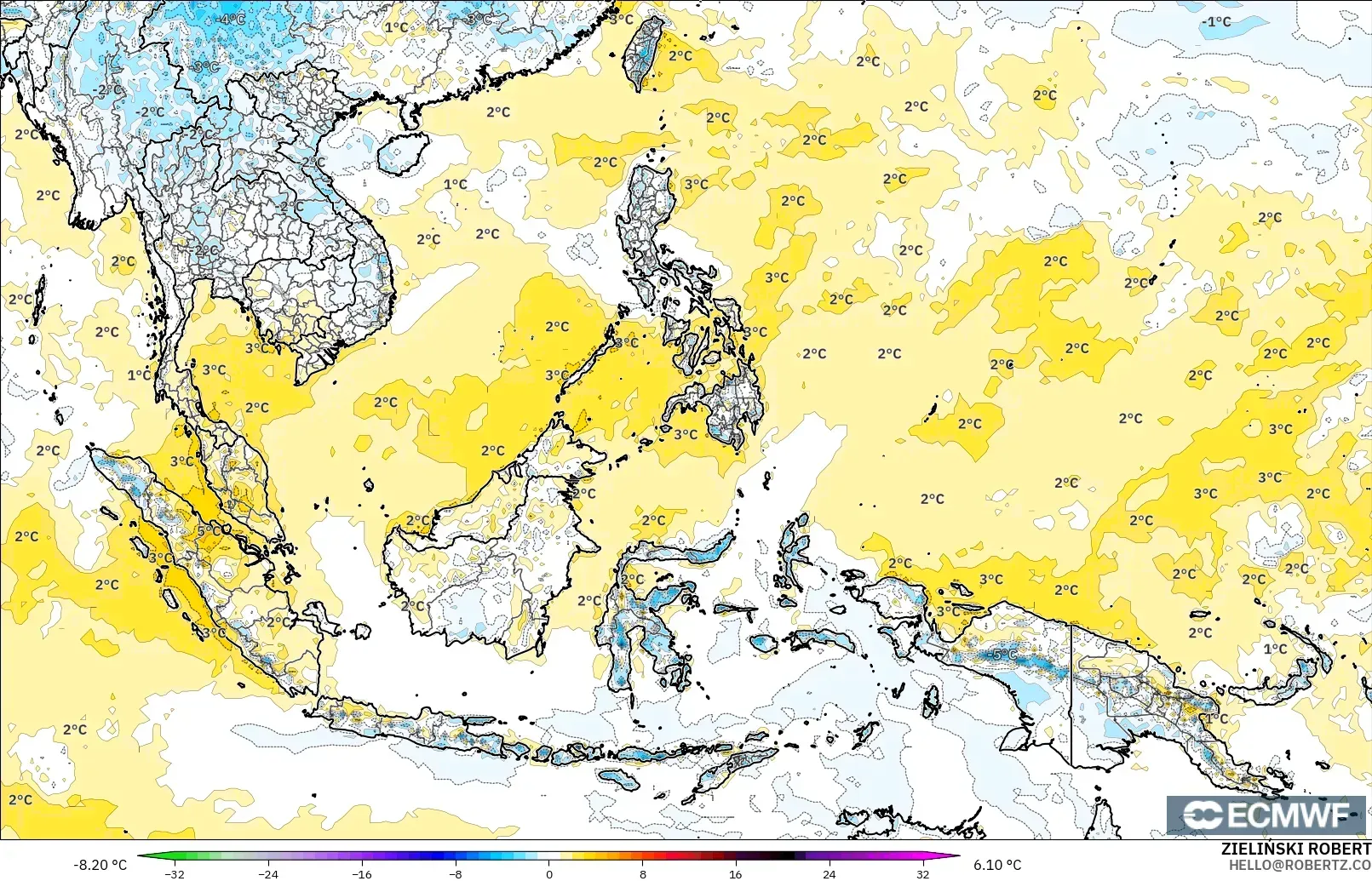 ECMWF IFS 0.25° model - Asia Tenggara, Anomali Suhu 2 m