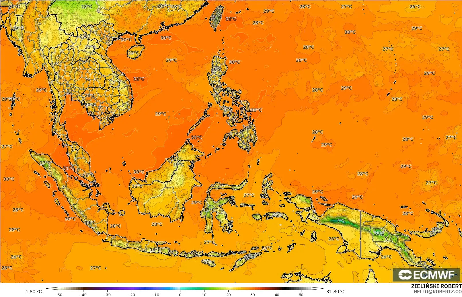 ECMWF IFS 0.25° model - Asia Tenggara, Suhu 2 m