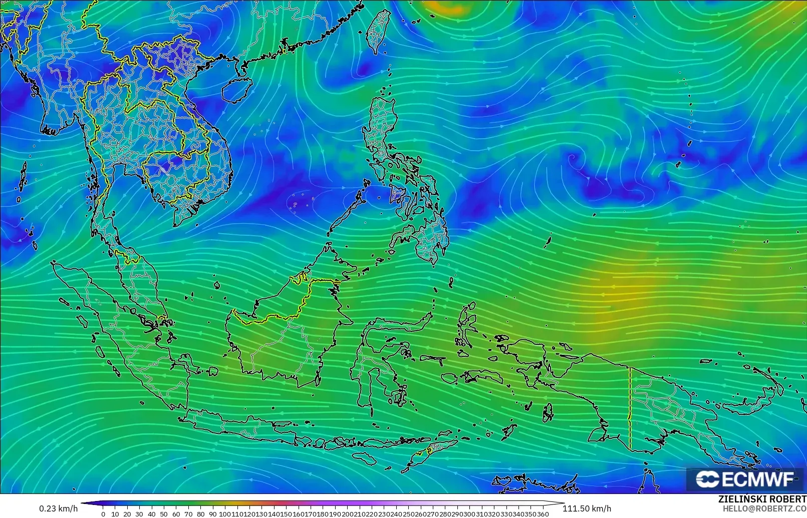 ECMWF IFS 0.25° model - Asia Tenggara, Angin 300 hPa (aliran jet)