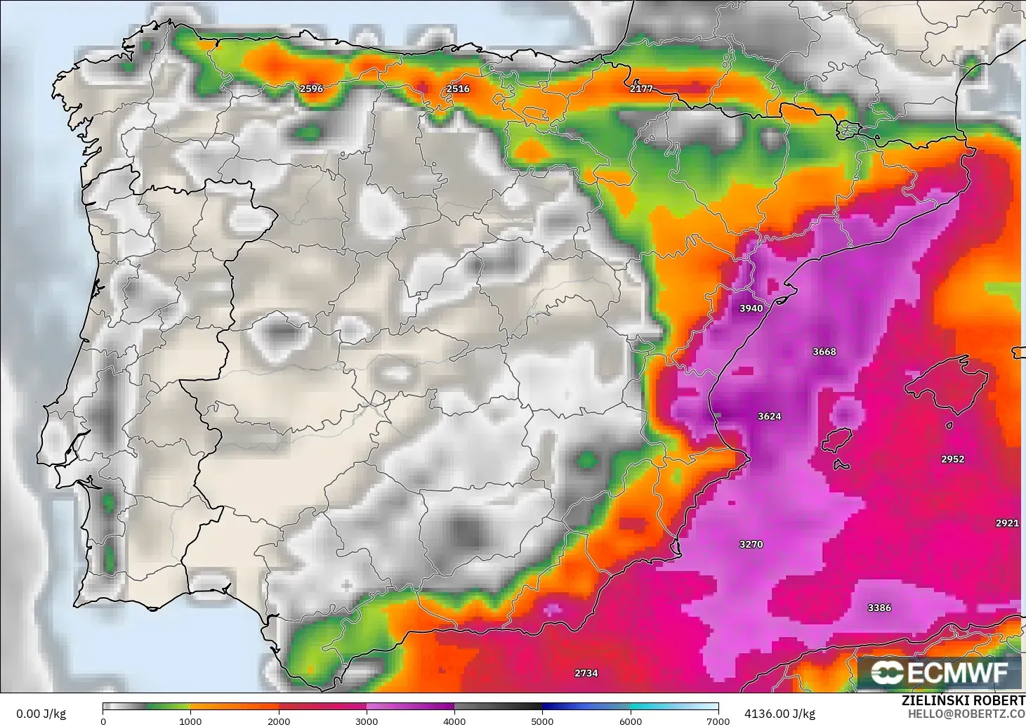 ECMWF IFS 0.25° model - Spanyol, CAPE