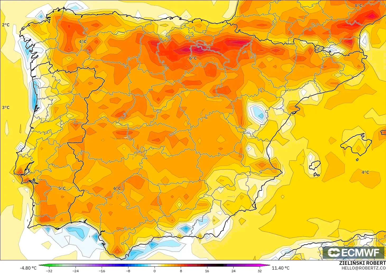ECMWF IFS 0.25° model - Spanyol, Anomali Suhu 2 m