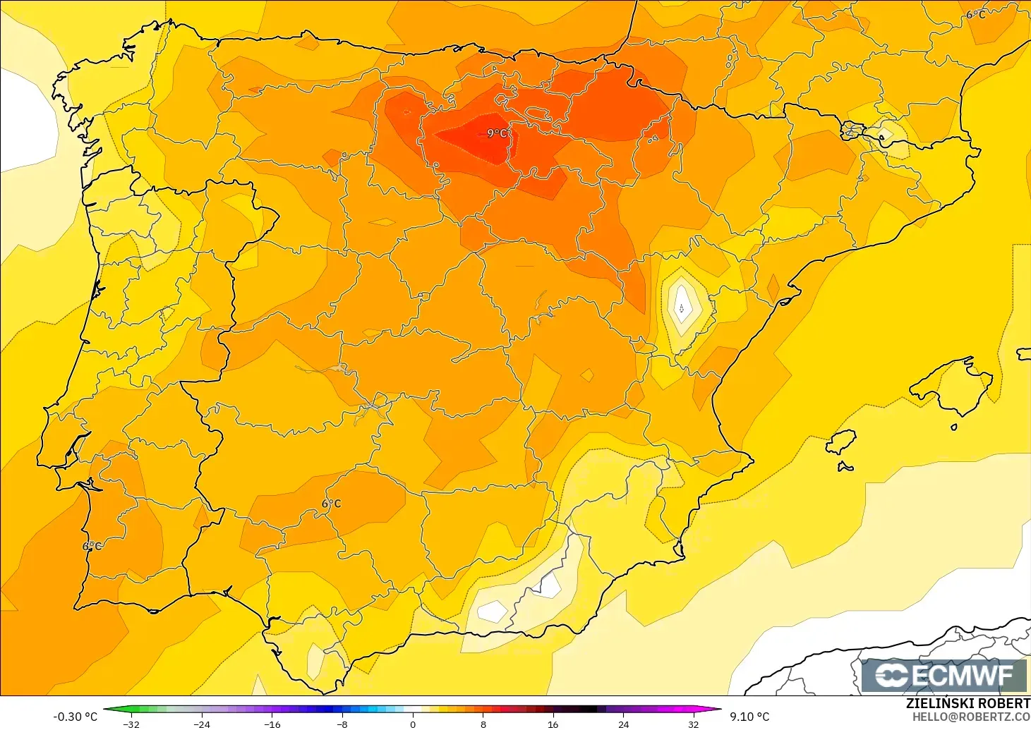 ECMWF IFS 0.25° model - Spanyol, Anomali Suhu 850 hPa