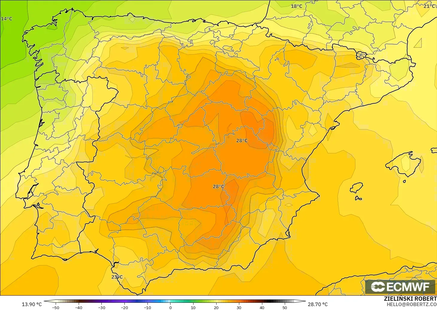 ECMWF IFS 0.25° model - Spanyol, Suhu 850 hPa
