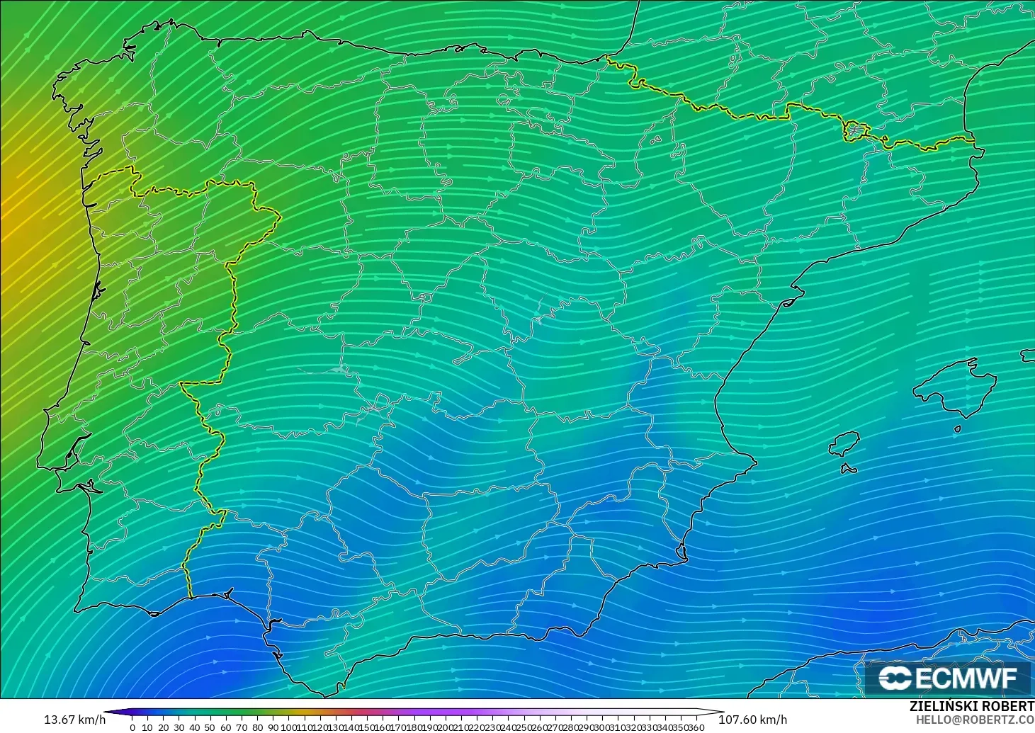 ECMWF IFS 0.25° model - Spanyol, Angin 300 hPa (aliran jet)