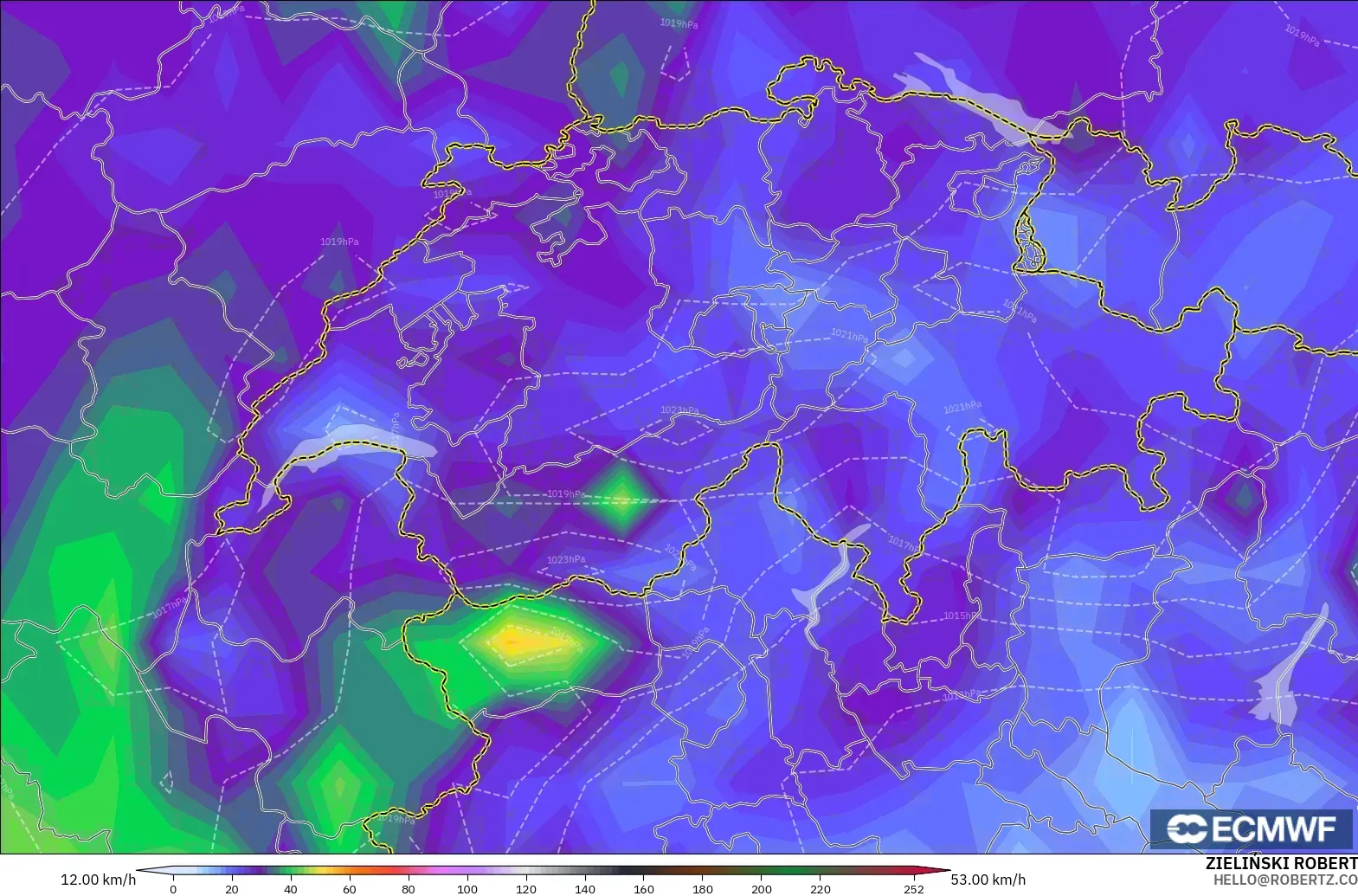ECMWF IFS 0.25° model - Swiss, Hembusan Angin