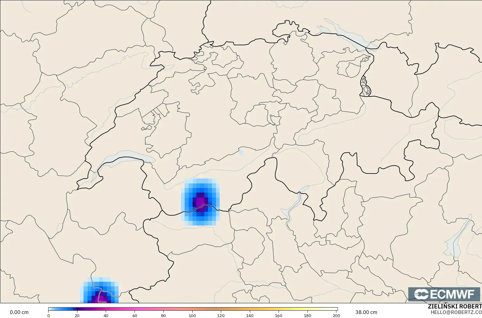 ECMWF IFS 0.25° model - Swiss, Kedalaman Salju