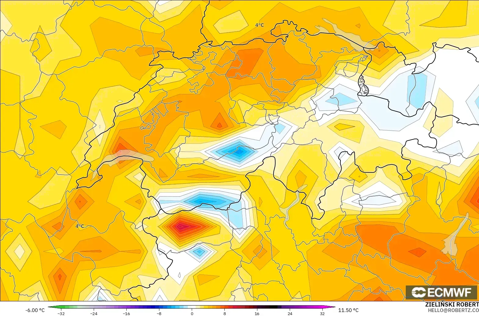 ECMWF IFS 0.25° model - Swiss, Anomali Suhu 2 m