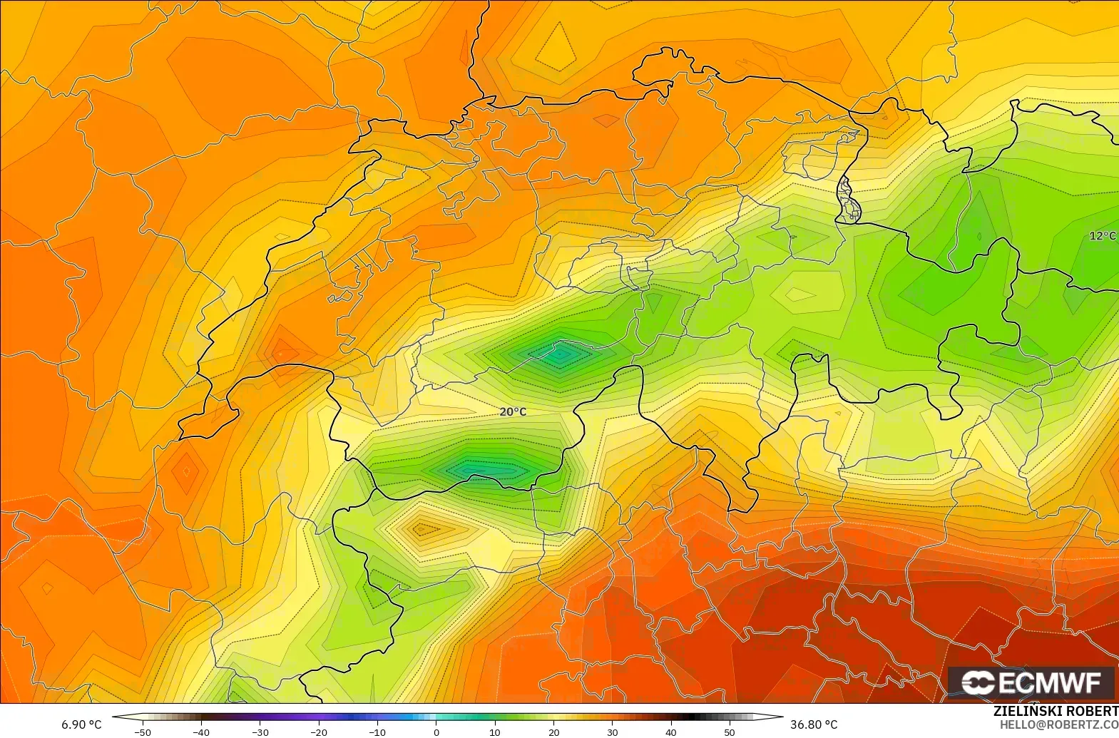 ECMWF IFS 0.25° model - Swiss, Suhu 2 m