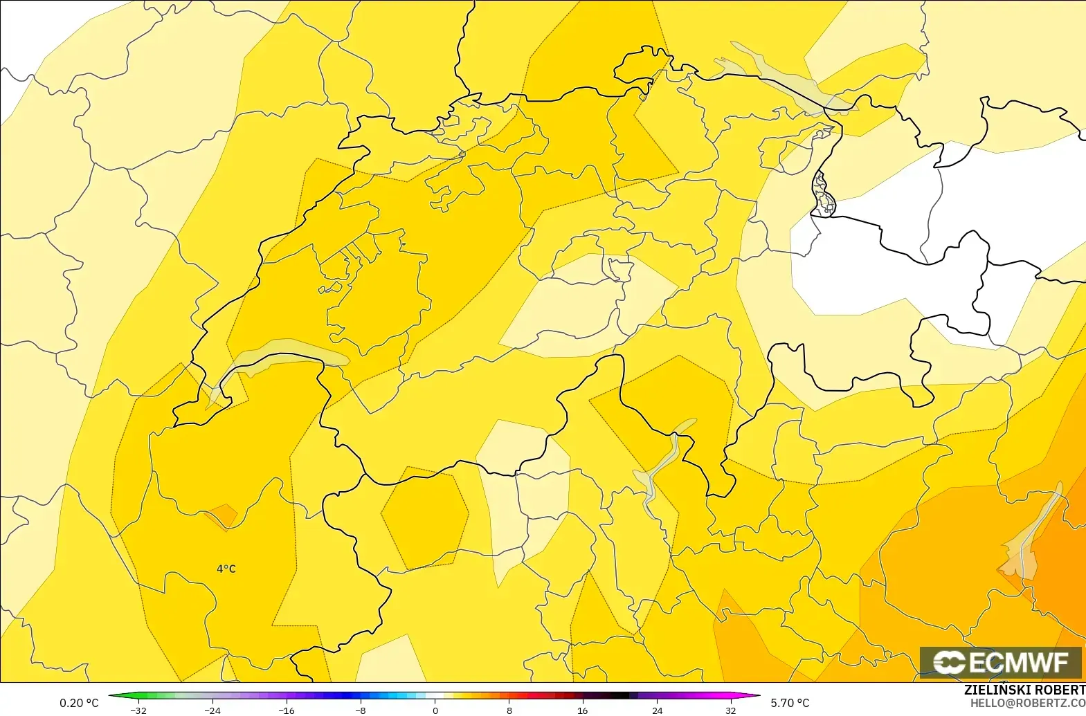 ECMWF IFS 0.25° model - Swiss, Anomali Suhu 850 hPa