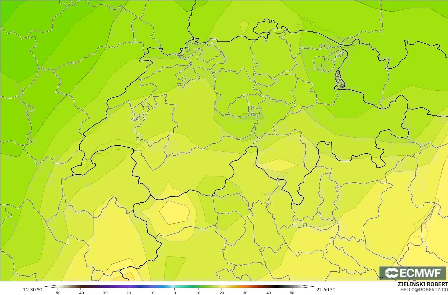 ECMWF IFS 0.25° model - Swiss, Suhu 850 hPa