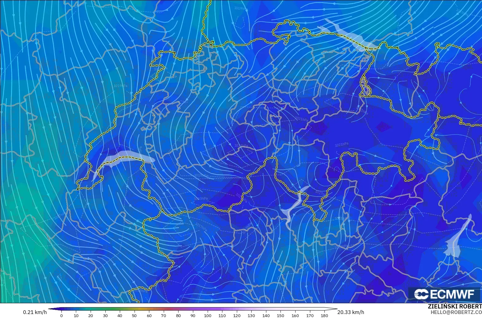 ECMWF IFS 0.25° model - Swiss, Angin 10 m