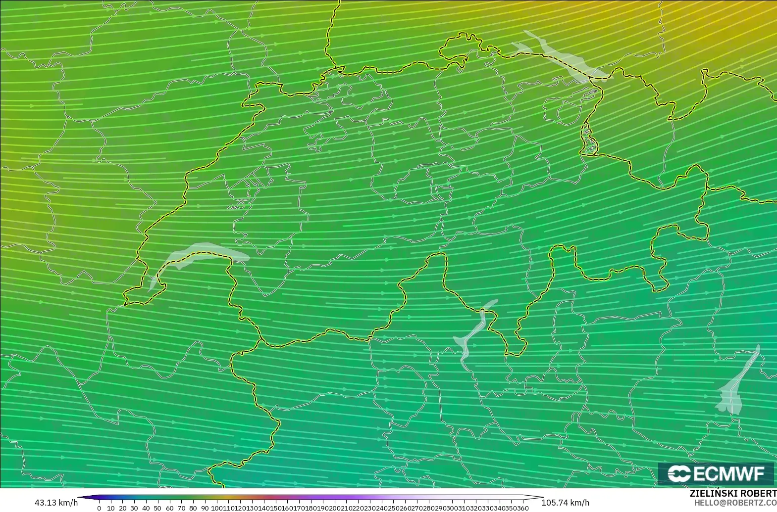 ECMWF IFS 0.25° model - Swiss, Angin 300 hPa (aliran jet)