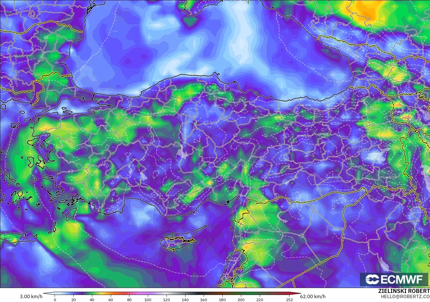 ECMWF IFS 0.25° model - Turki, Puncak Hembusan