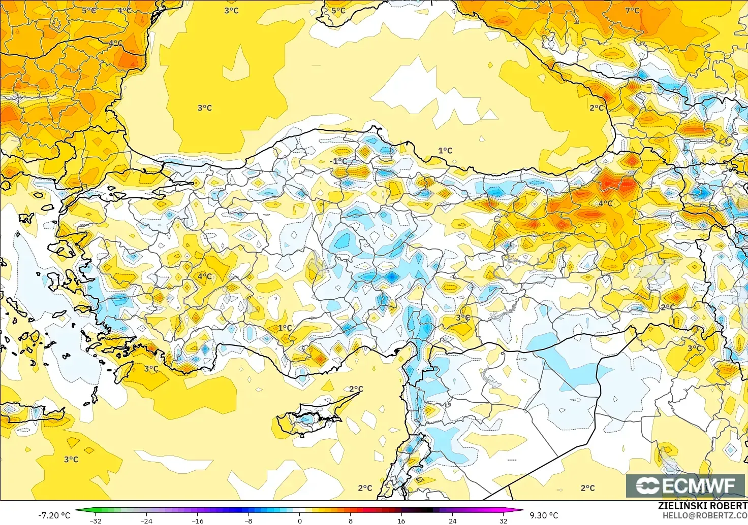 ECMWF IFS 0.25° model - Turki, Anomali Suhu 2 m