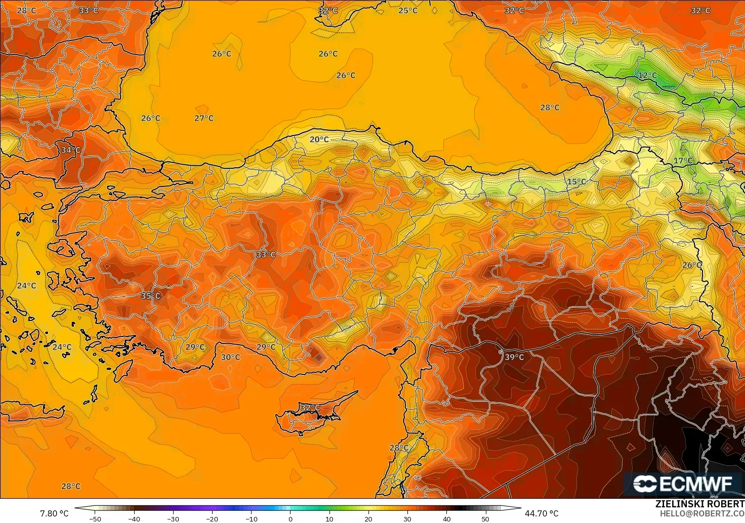 ECMWF IFS 0.25° model - Turki, Suhu 2 m