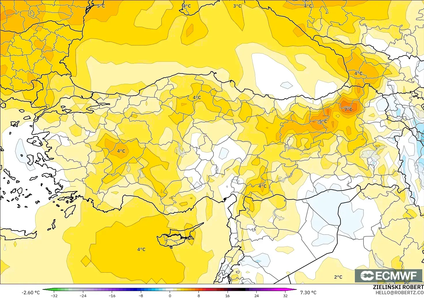 ECMWF IFS 0.25° model - Turki, Anomali Suhu 850 hPa