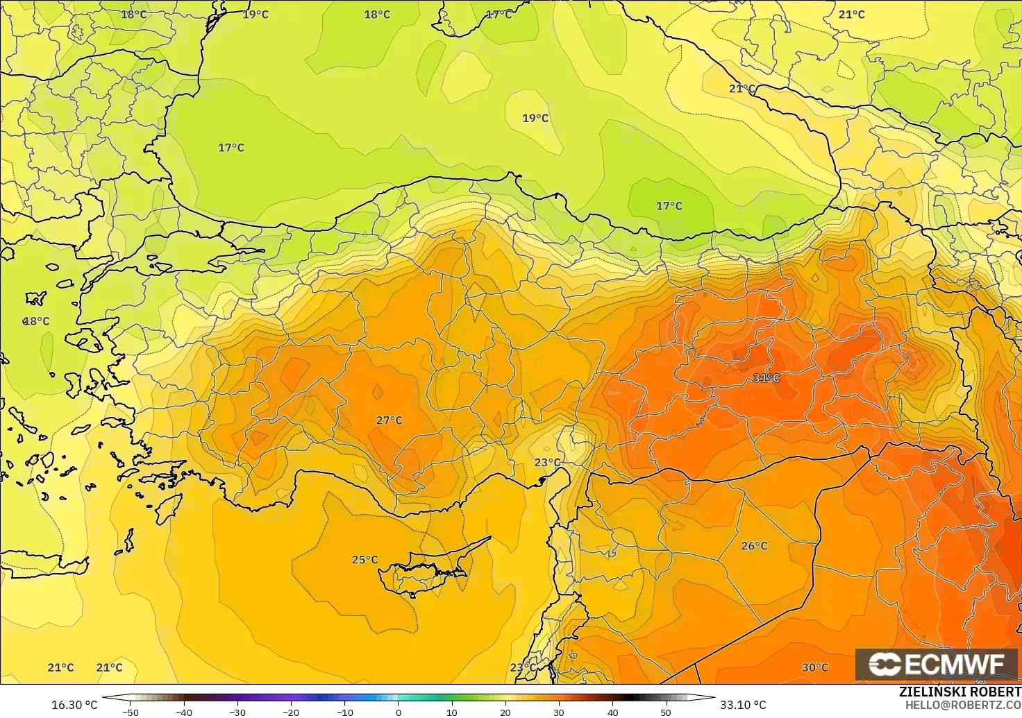 ECMWF IFS 0.25° model - Turki, Suhu 850 hPa