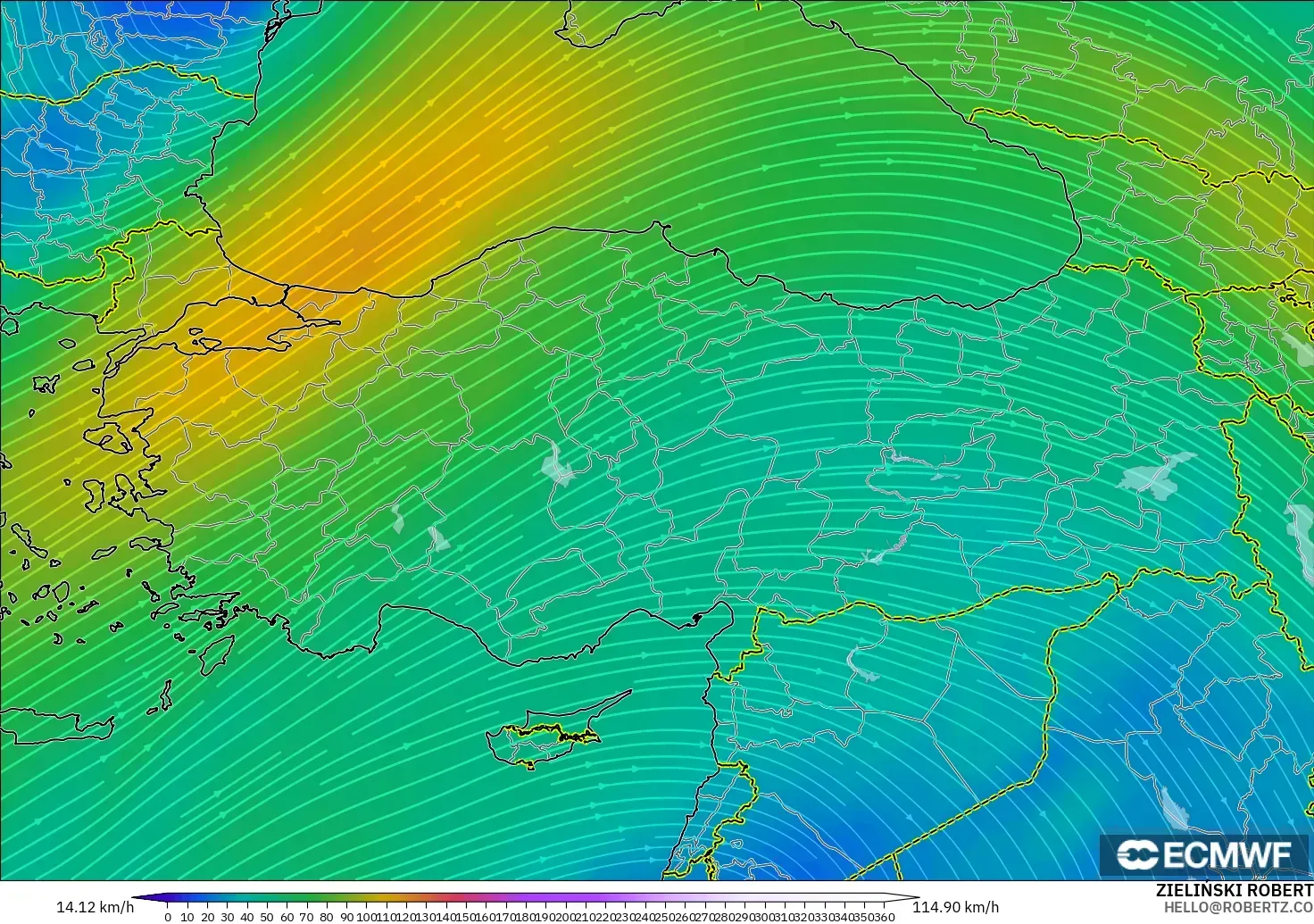 ECMWF IFS 0.25° model - Turki, Angin 300 hPa (aliran jet)