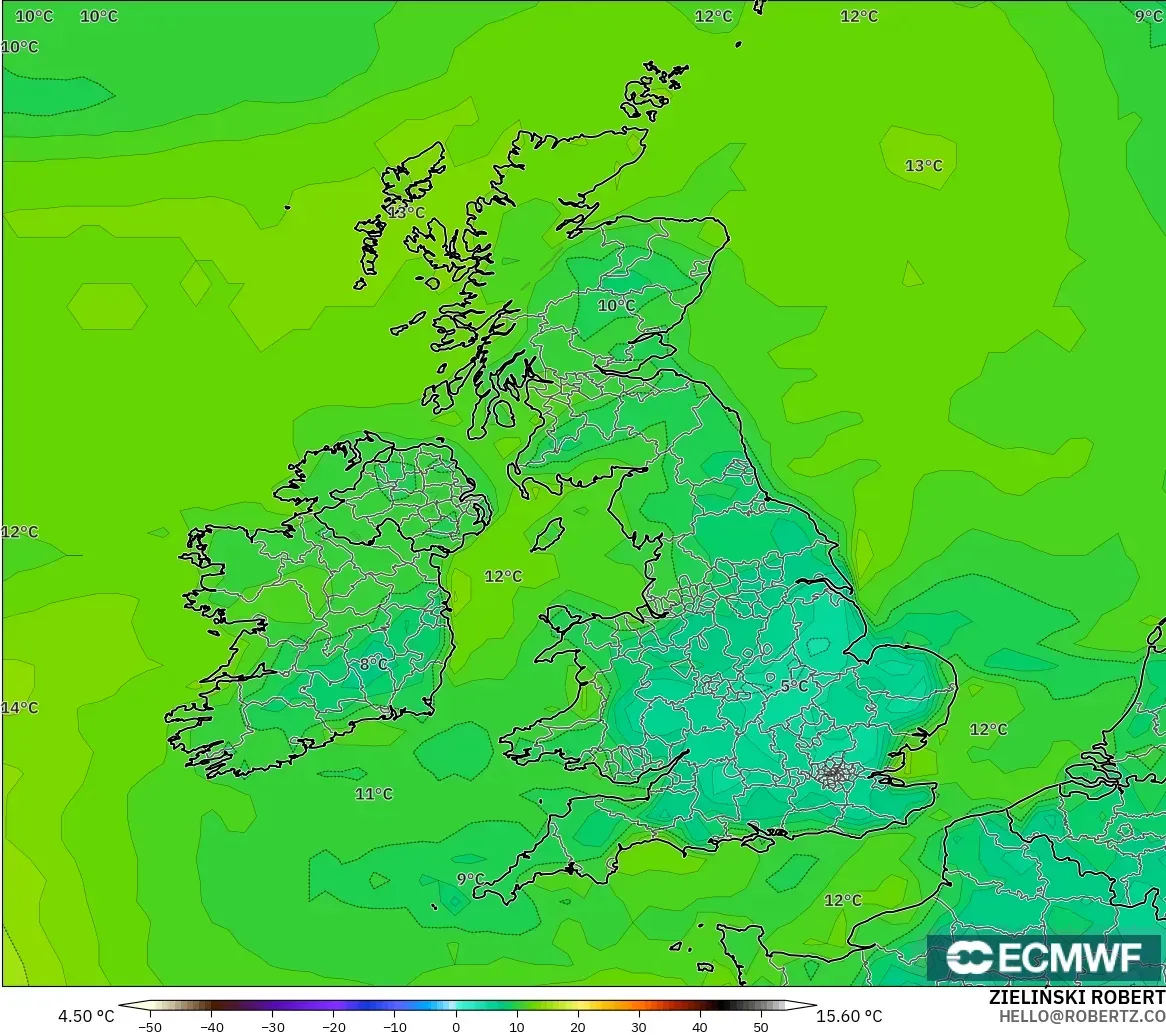 ECMWF IFS 0.25° model - Britania Raya, Titik Embun 2 m