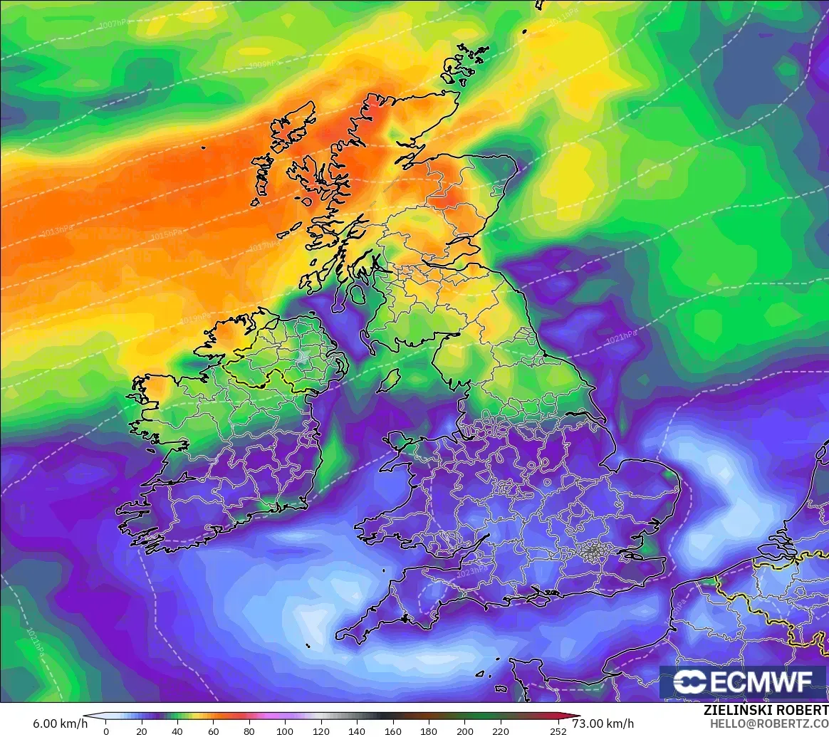 ECMWF IFS 0.25° model - Britania Raya, Hembusan Angin
