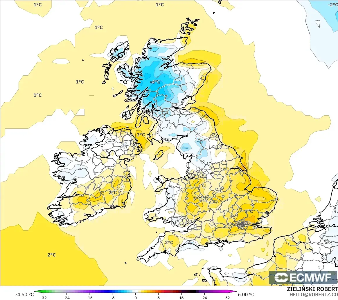 ECMWF IFS 0.25° model - Britania Raya, Anomali Suhu 2 m