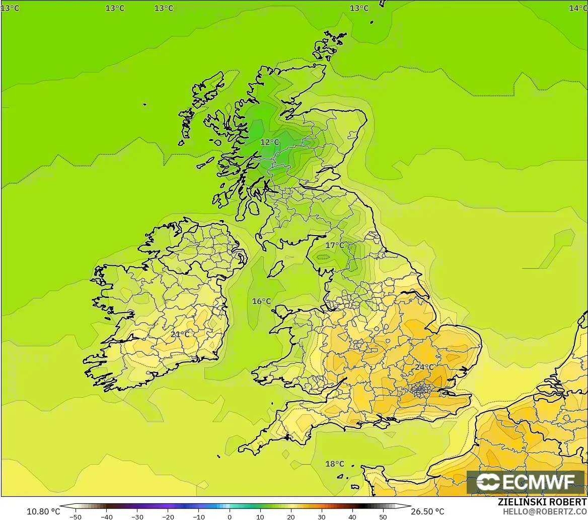 ECMWF IFS 0.25° model - Britania Raya, Suhu 2 m