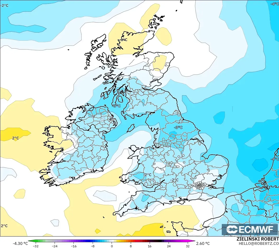 ECMWF IFS 0.25° model - Britania Raya, Anomali Suhu 850 hPa