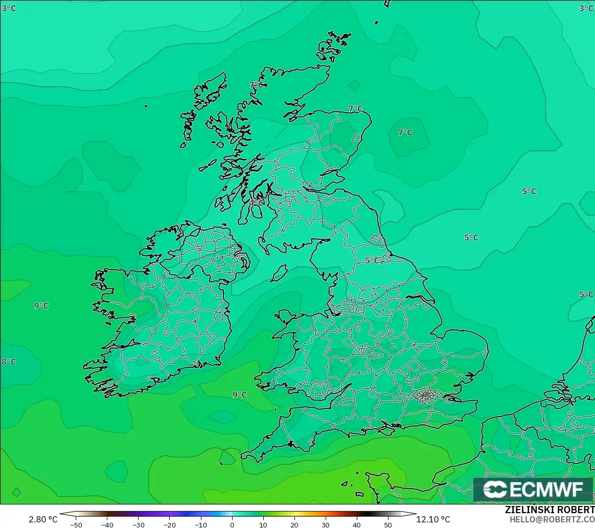 ECMWF IFS 0.25° model - Britania Raya, Suhu 850 hPa