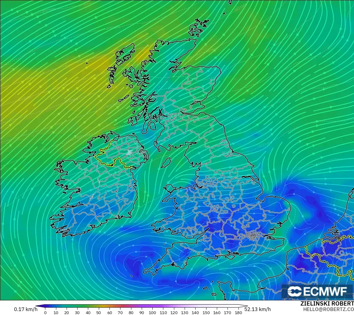 ECMWF IFS 0.25° model - Britania Raya, Angin 10 m