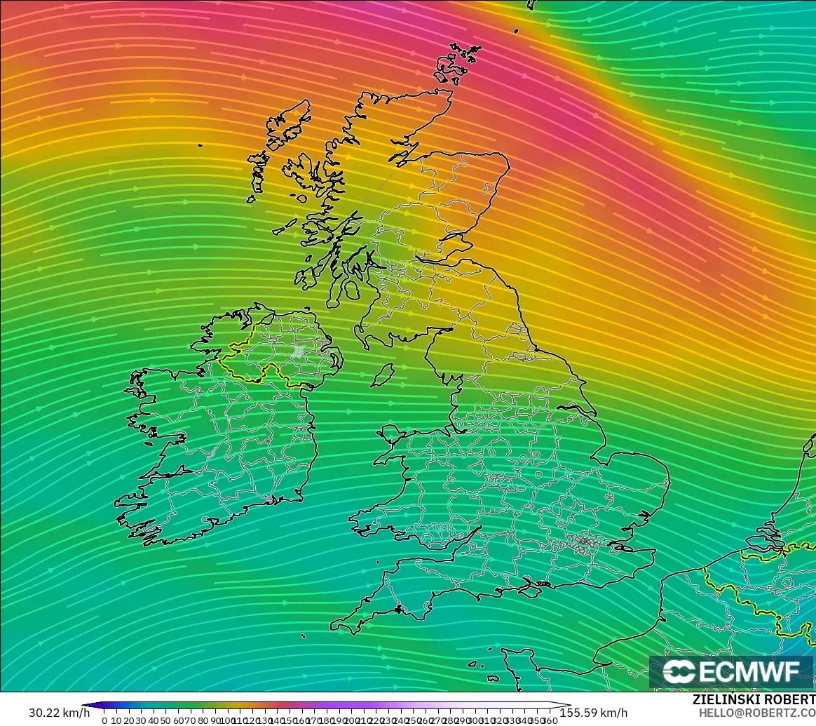 ECMWF IFS 0.25° model - Britania Raya, Angin 300 hPa (aliran jet)
