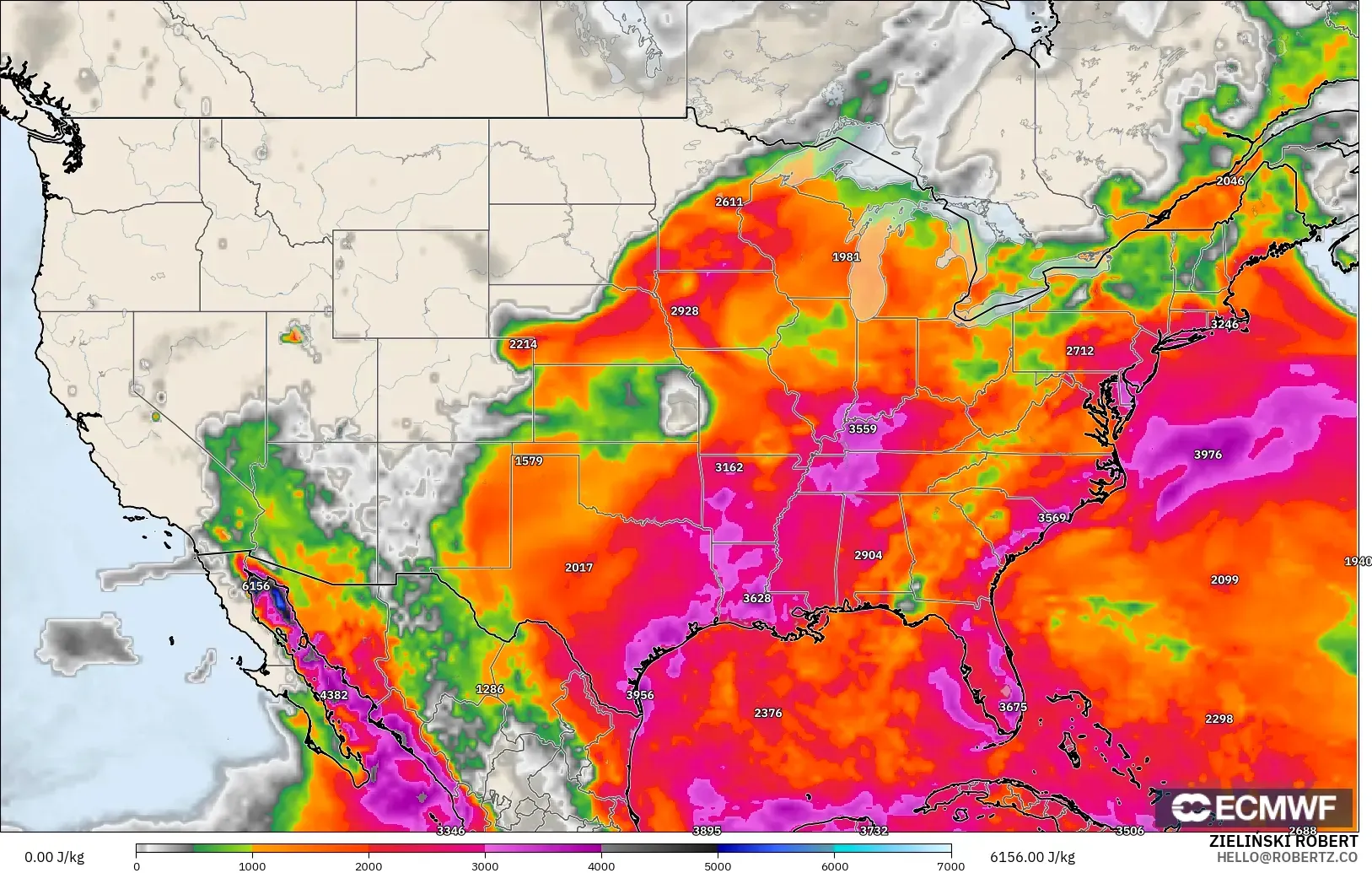 ECMWF IFS 0.25° model - Amerika Serikat, CAPE