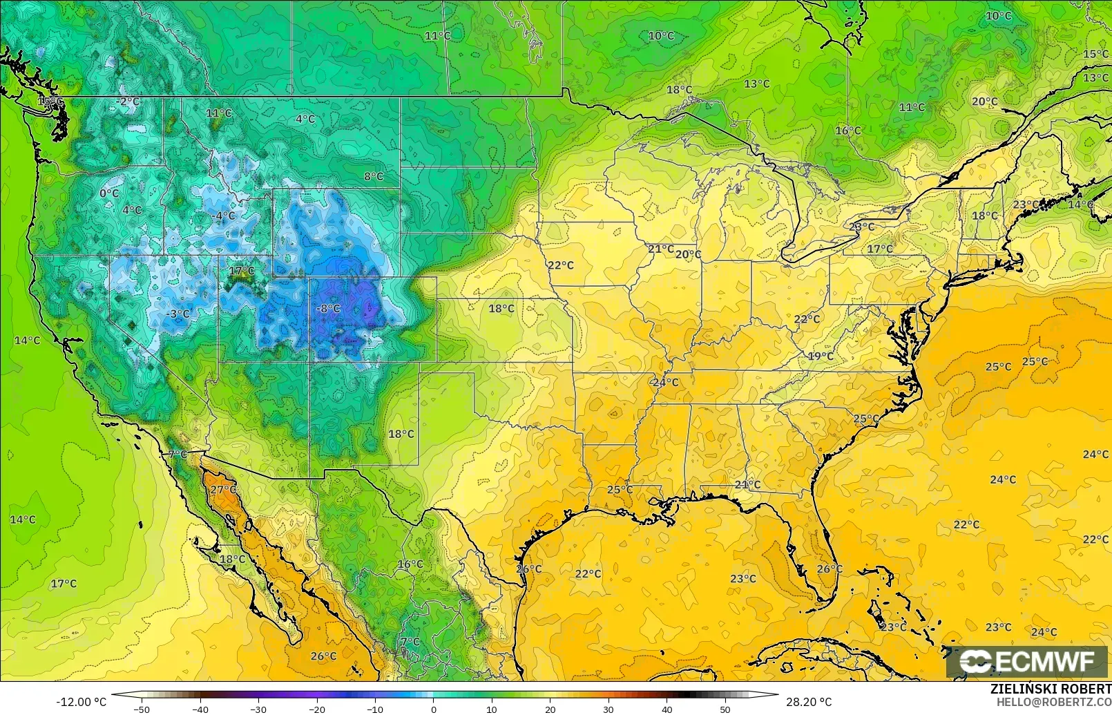 ECMWF IFS 0.25° model - Amerika Serikat, Titik Embun 2 m