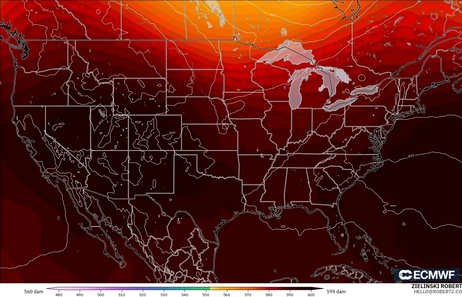 ECMWF IFS 0.25° model - Amerika Serikat, Ketinggian geopotensial pada 500 hPa