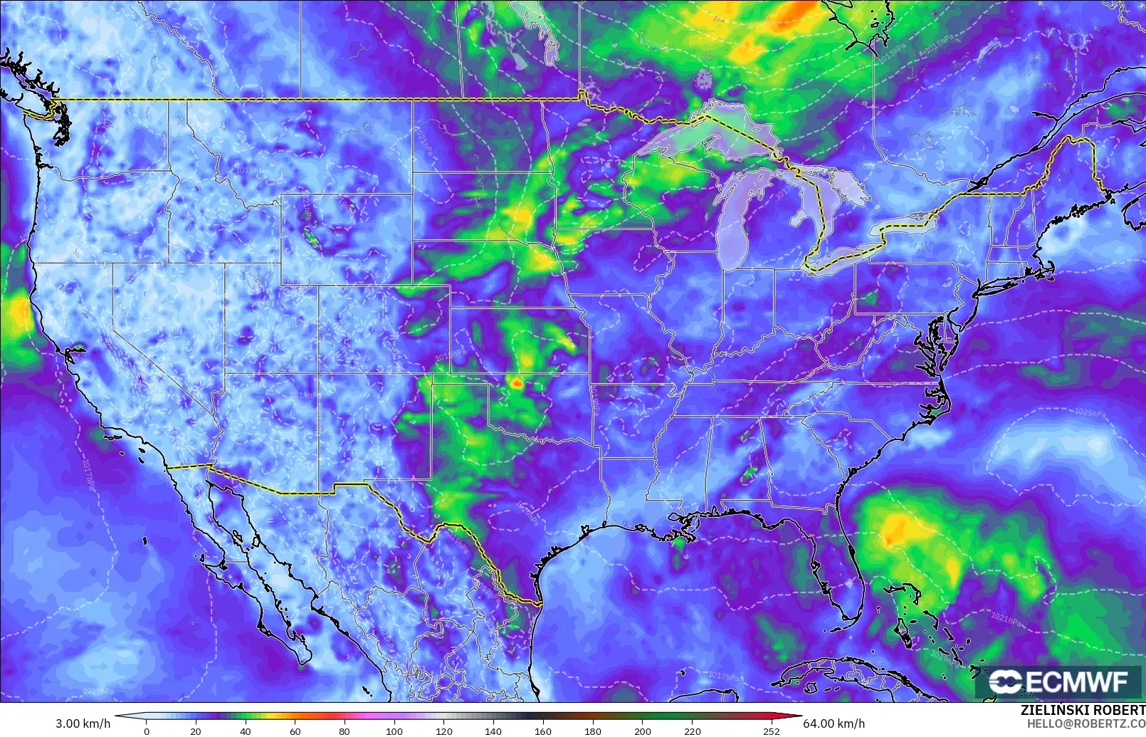 ECMWF IFS 0.25° model - Amerika Serikat, Hembusan Angin