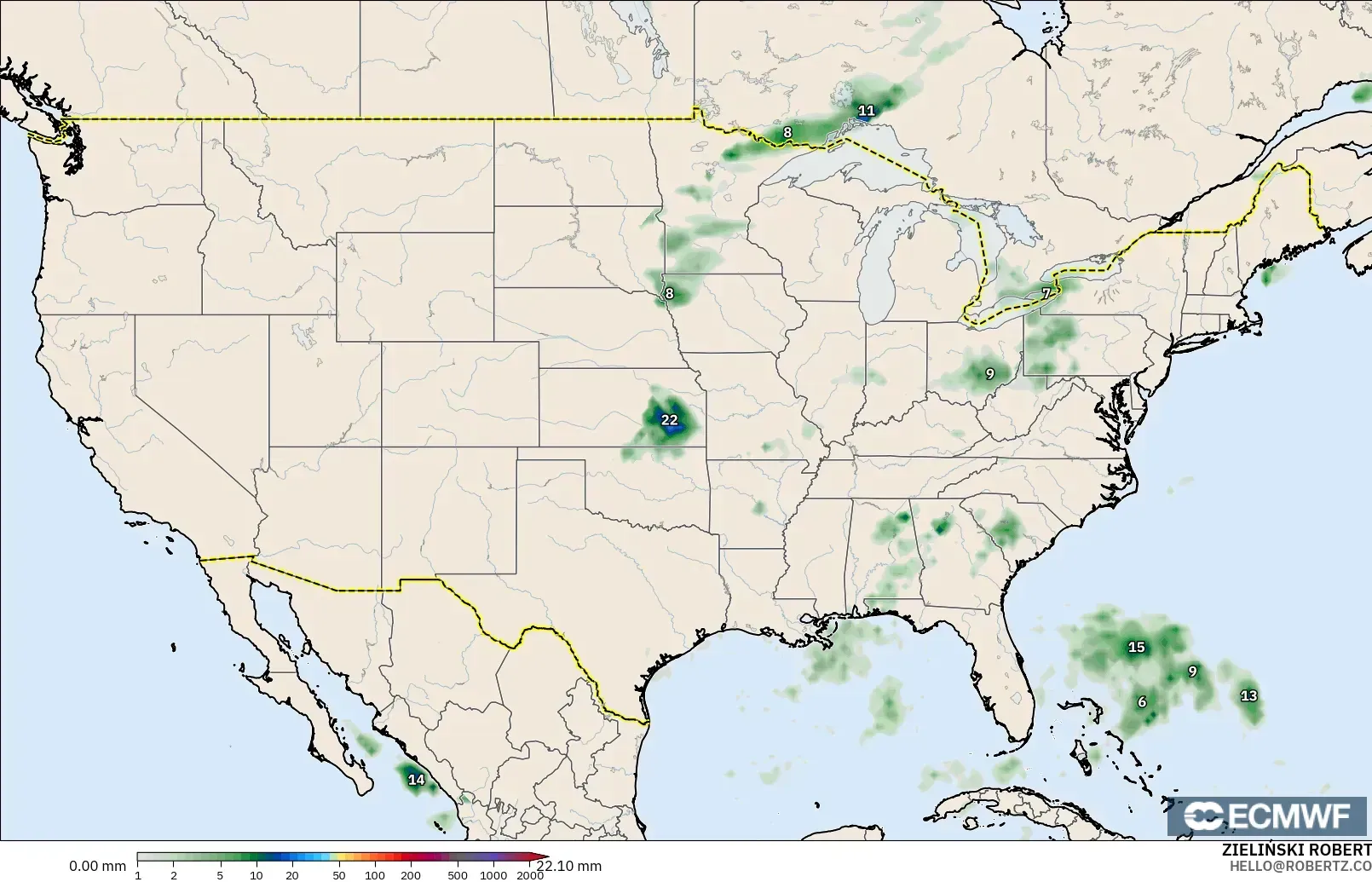 ECMWF IFS 0.25° model - Amerika Serikat, Akumulasi Curah Hujan