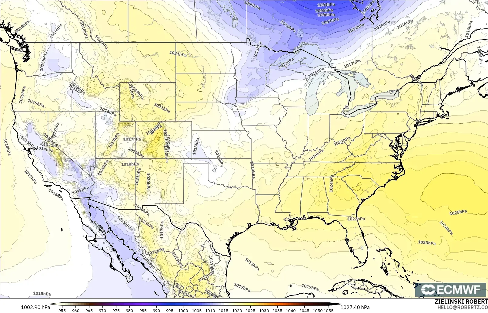 ECMWF IFS 0.25° model - Amerika Serikat, Tekanan