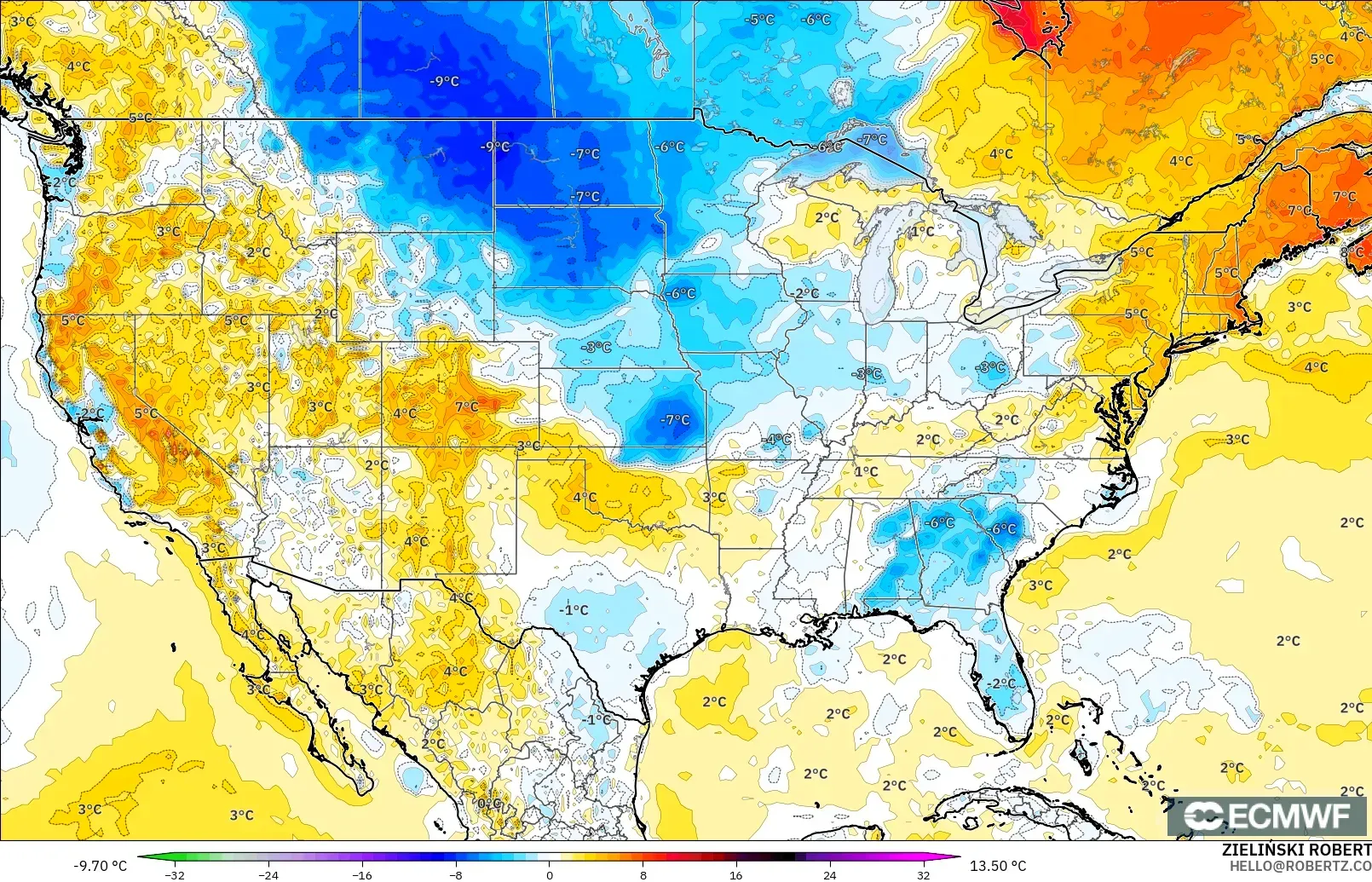 ECMWF IFS 0.25° model - Amerika Serikat, Anomali Suhu 2 m