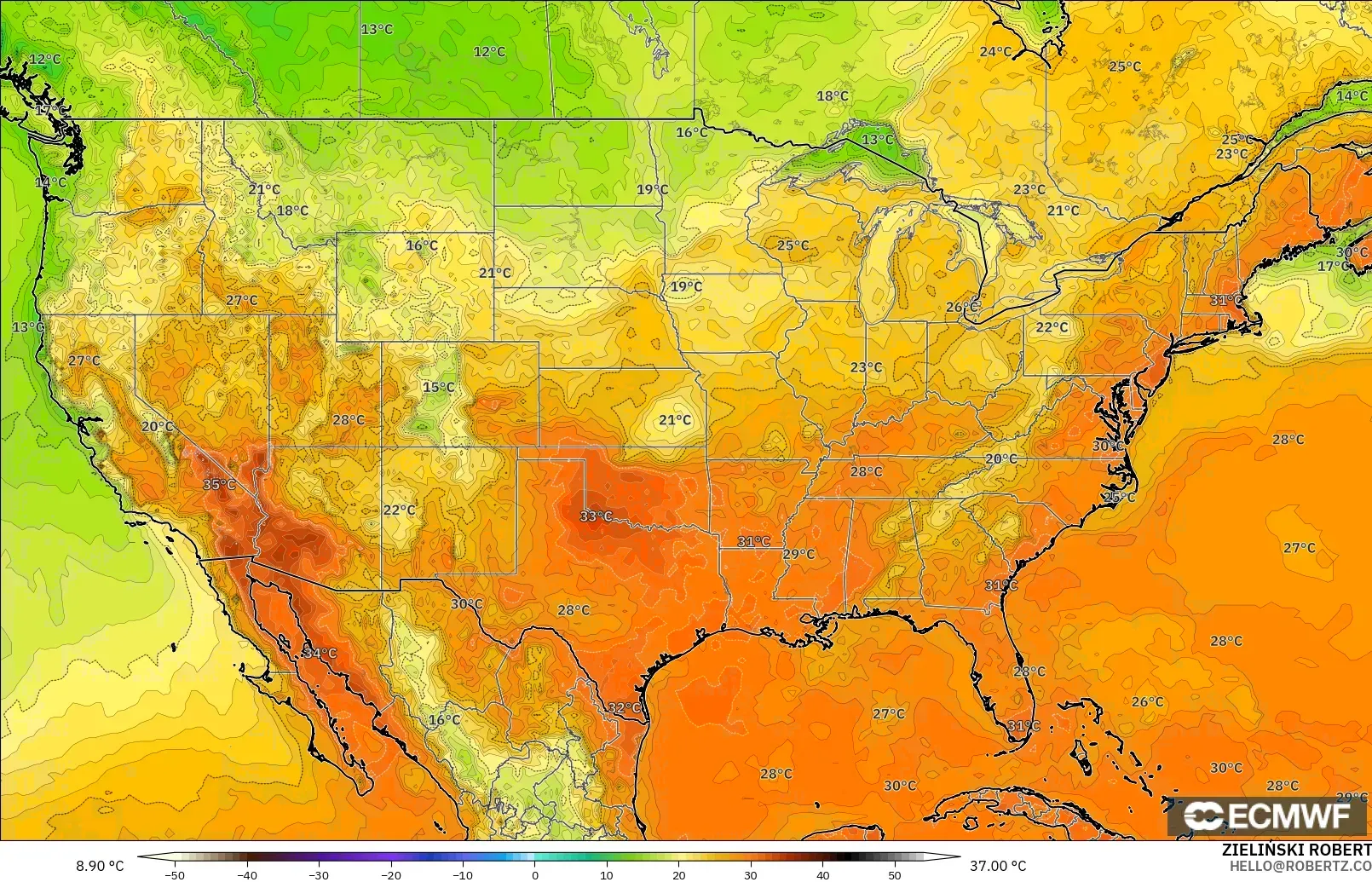 ECMWF IFS 0.25° model - Amerika Serikat, Suhu 2 m