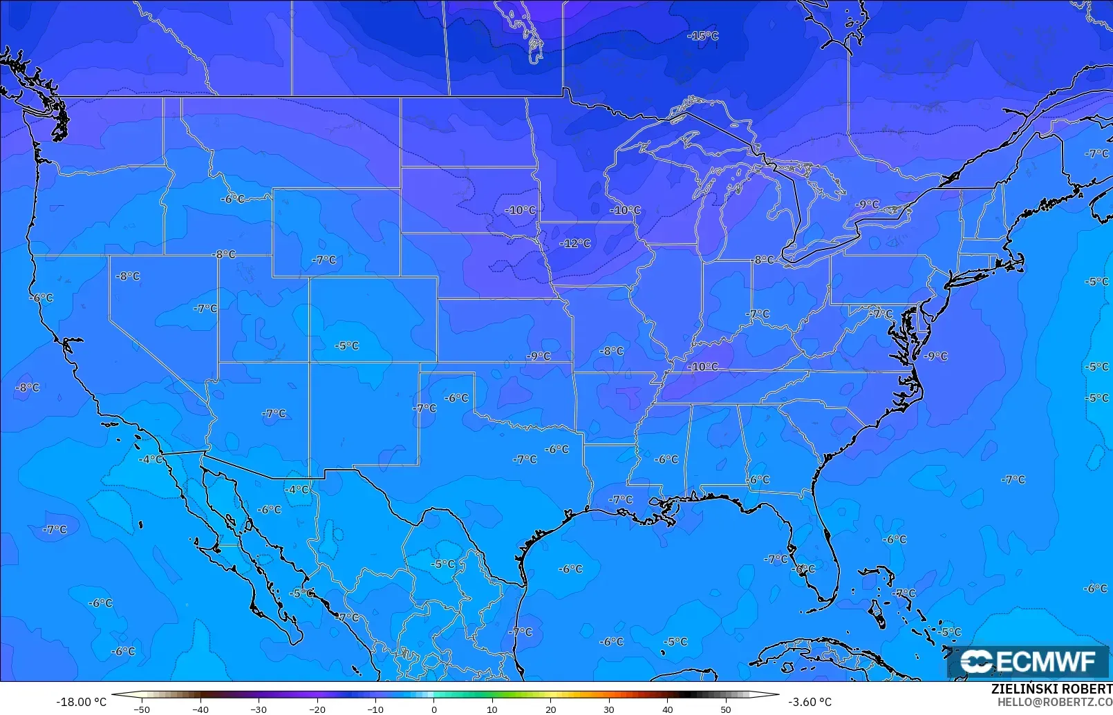 ECMWF IFS 0.25° model - Amerika Serikat, Suhu 500 hPa