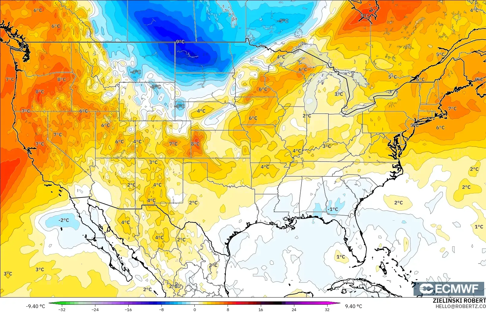 ECMWF IFS 0.25° model - Amerika Serikat, Anomali Suhu 850 hPa