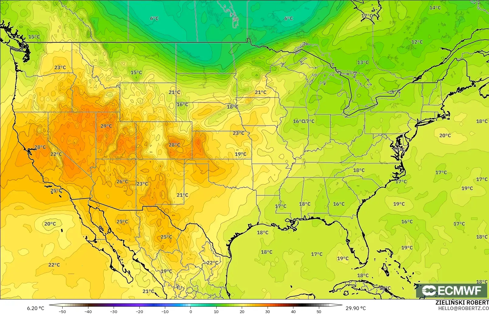 ECMWF IFS 0.25° model - Amerika Serikat, Suhu 850 hPa