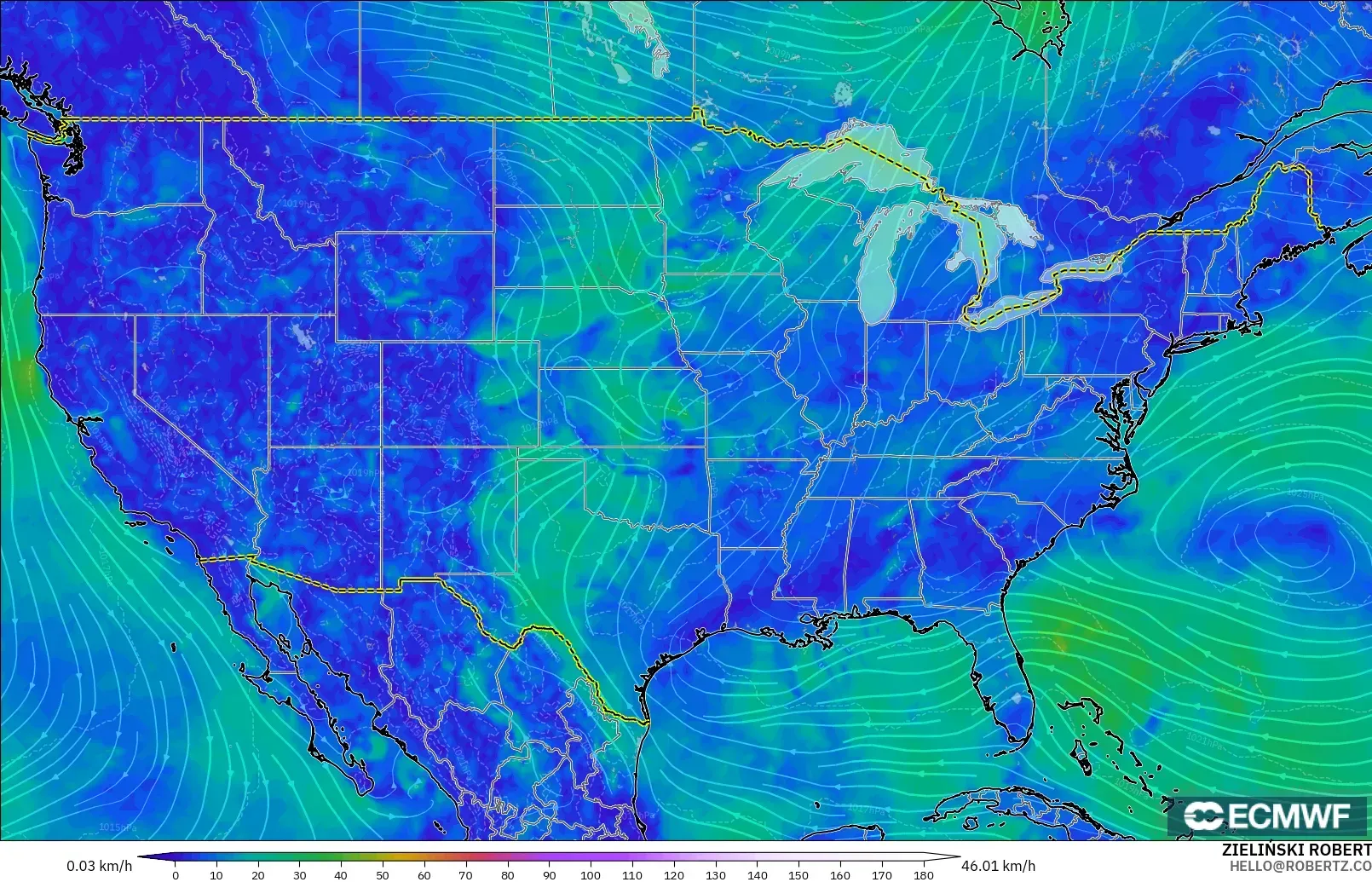 ECMWF IFS 0.25° model - Amerika Serikat, Angin 10 m