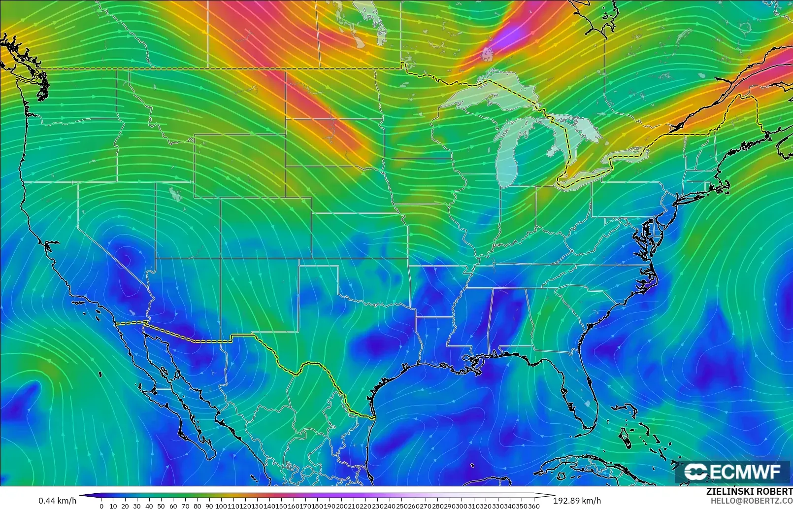 ECMWF IFS 0.25° model - Amerika Serikat, Angin 300 hPa (aliran jet)