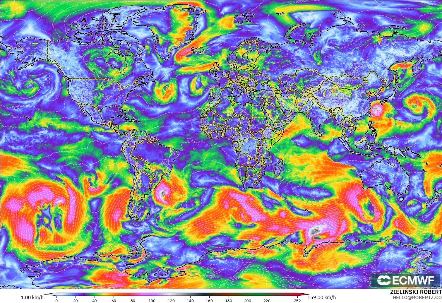 ECMWF IFS 0.25° model - Dunia, Puncak Hembusan