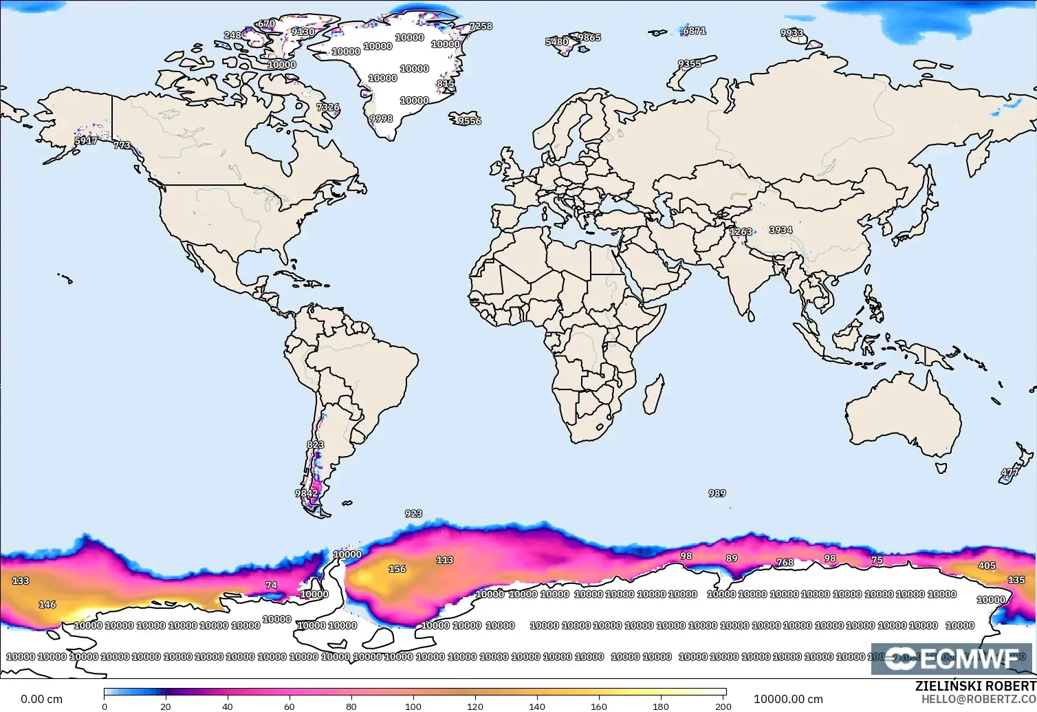 ECMWF IFS 0.25° model - Dunia, Kedalaman Salju