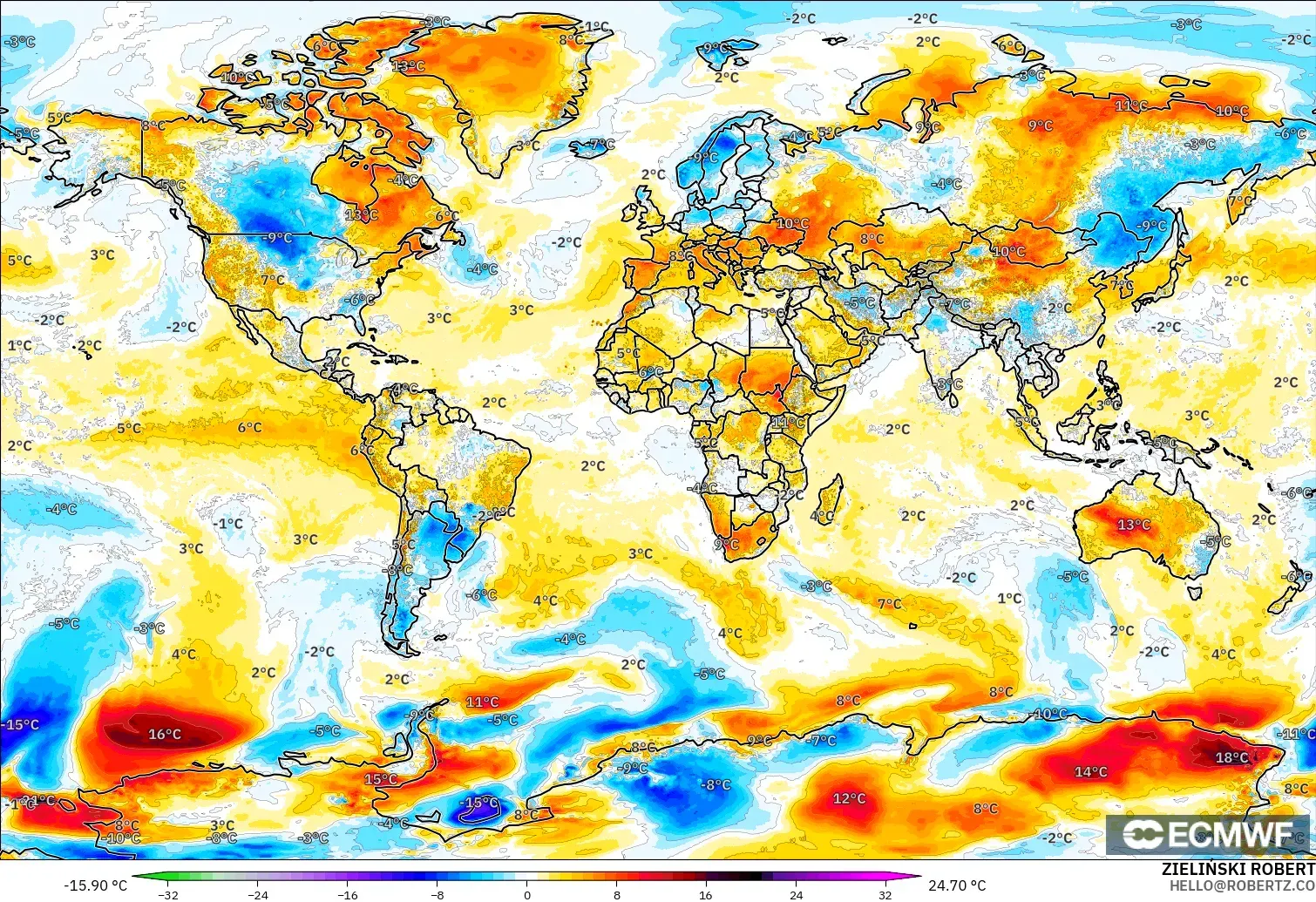 ECMWF IFS 0.25° model - Dunia, Anomali Suhu 2 m