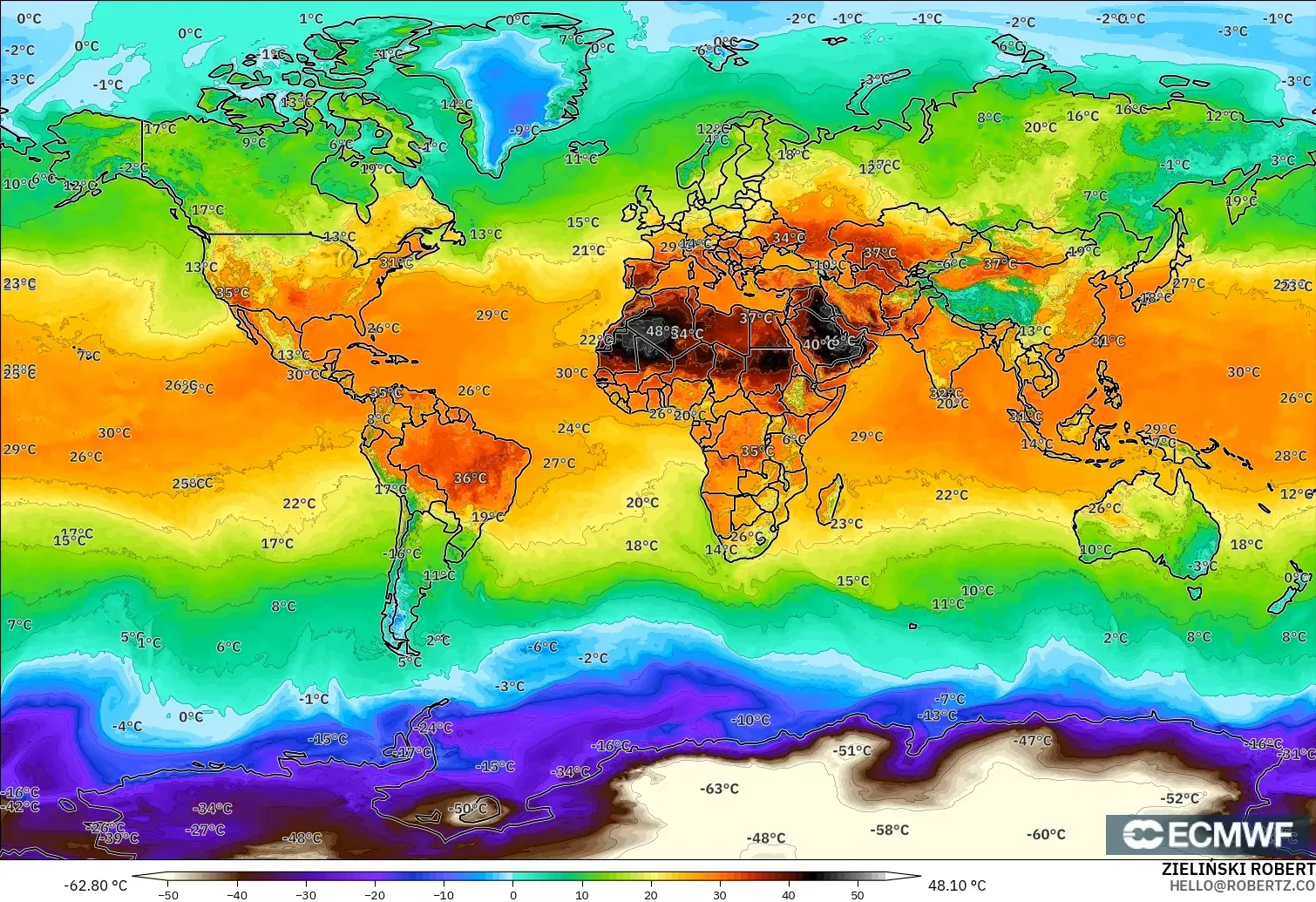 ECMWF IFS 0.25° model - Dunia, Suhu 2 m