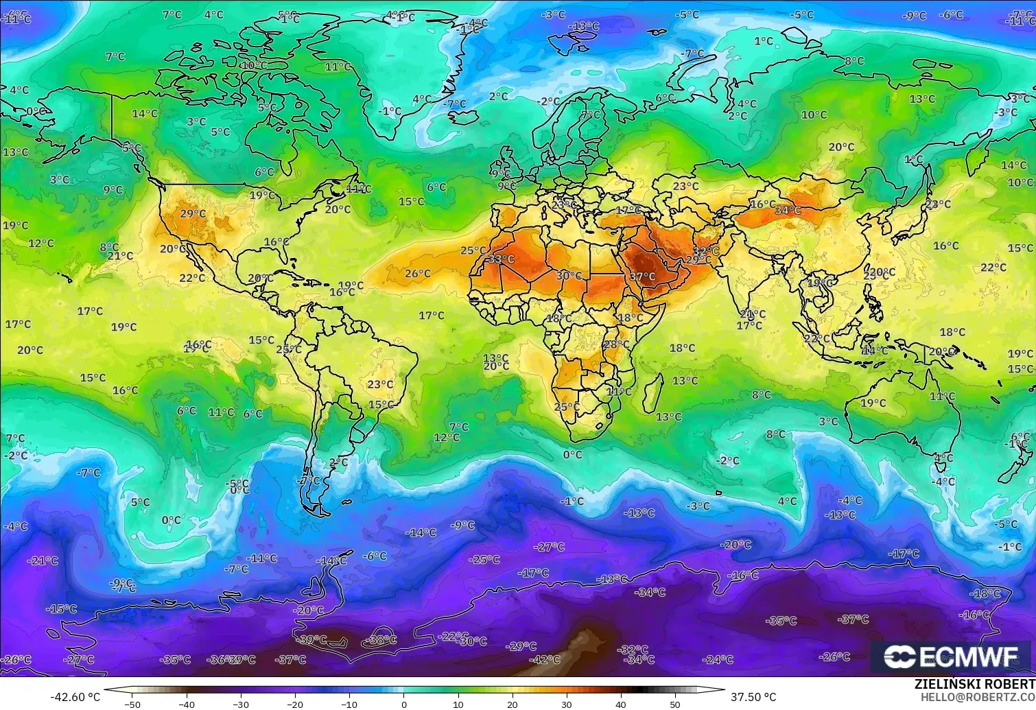 ECMWF IFS 0.25° model - Dunia, Suhu 850 hPa
